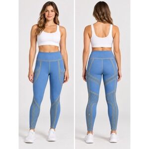 Fabletics Womens Blue Ribbed High Waisted Leggings Yellow Trim Size L LG2356776